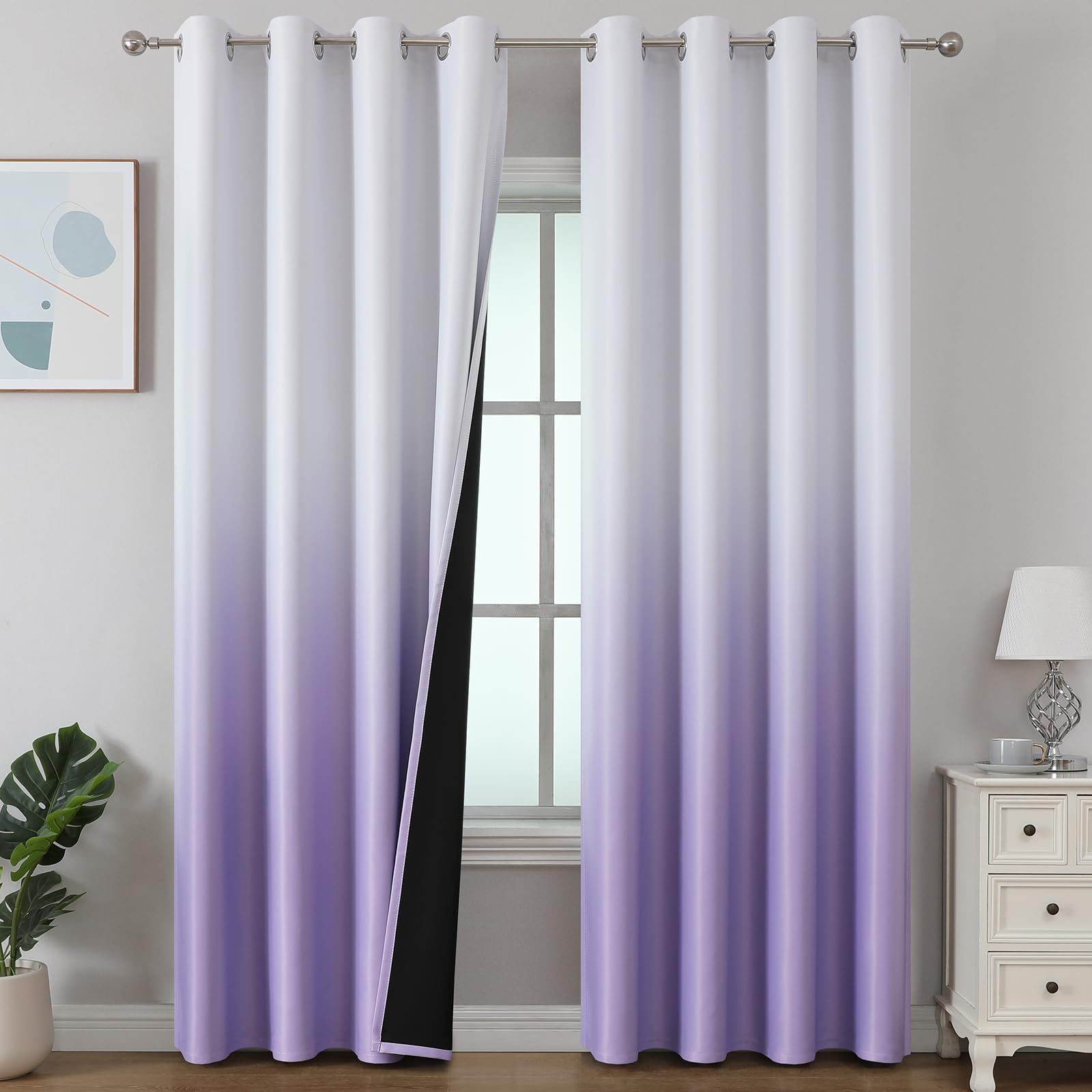 Photo 1 of Estelar Textiler Lilac and Greyish White Ombre Blackout Curtains for Bedroom 52 x 102 Inches Long, Thermal Insulated Energy Saving Window Drapes for Living Room with Grommets, 2 Panels