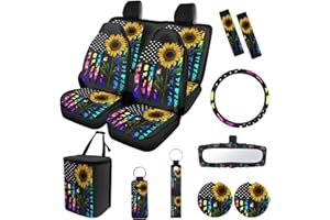 Suobstales Sunflower American Flag Tie Dye Print Car Seat Covers Set of 13 with Universal Steering Wheel Cover, Rearview Mirror Cover, Car Trash Can, Seatbelt Pads, Cup Holder Coasters, Keychains
