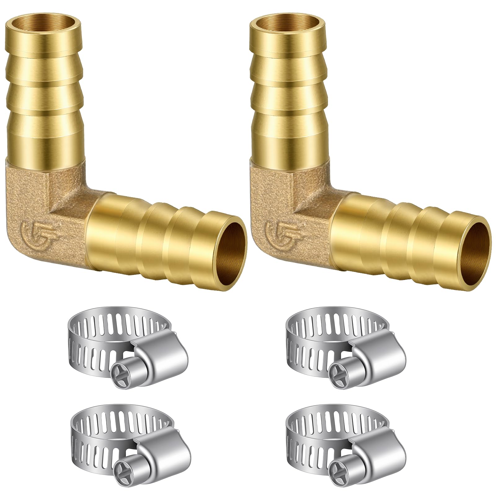 Photo 1 of 1/2" Hose Barb Fitting, 2 Pack 90 Degree Elbow Hose Barb Fitting L Right Angle Barbed Fittings Brass Elbow Connector Brass Barbs Reducer for Water/Fuel/Air/Oil/Gas, with 4 Clamps