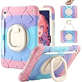 DUEEFA for iPad (A16) 11th Generation case 11''(2025)/10th Generation case 10.9''(2022),360°Rotatable Stand with [Pencil Holder&Shoulder Strap] Heavy Duty Shockproof Silicone Case (Colorful Pink)