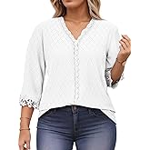 ROSRISS Womens-Tops-Plus-Size Dressy Lace Trim V Neck 3/4 Length Sleeve Shirts Trendy Dot Eyelet Blouses Casual Loose Tunics