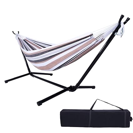 OnCloud Double Hammock with 9 FT Stand Space Saving Carrying Case (Desert Stripe)