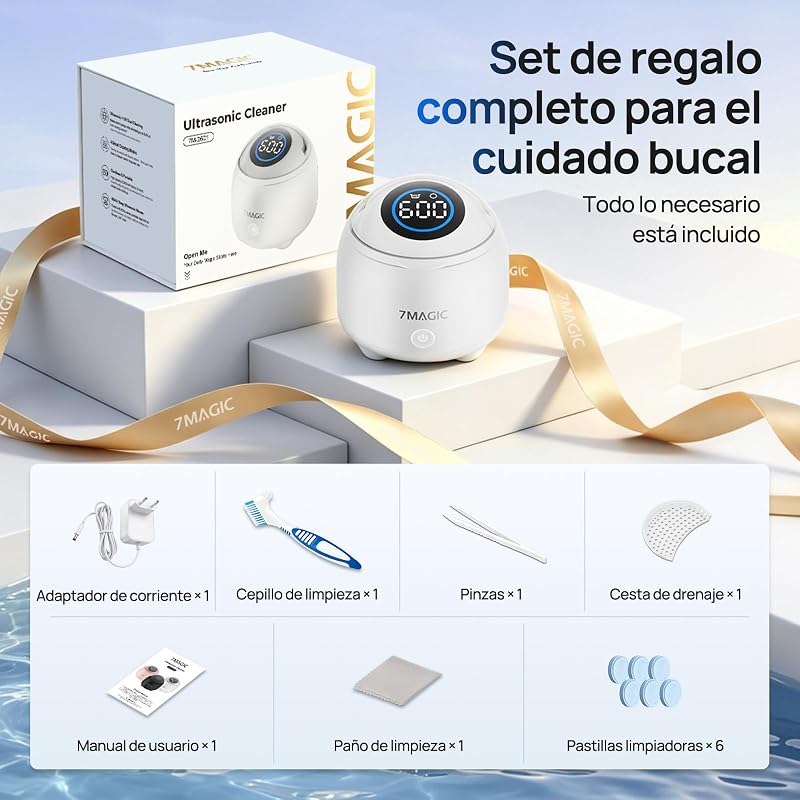 Limpiador ultrasonidos para férula dental, 48 kHz, UV-C, Blanco