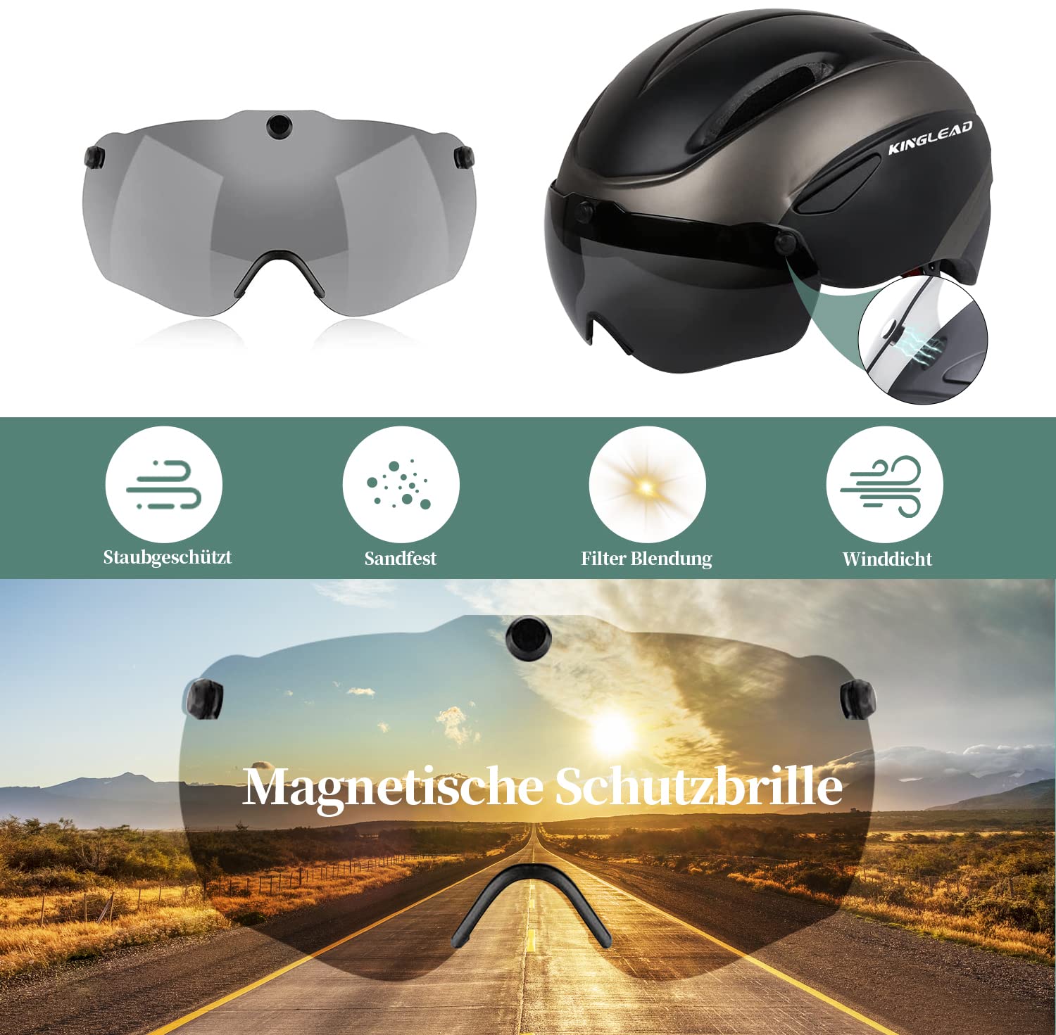 Fahrradhelm Herren Damen mit Abnehmbarem Magnetischem Visier, Ultraleichter Verstellbarer Bike Helm, Atmungsaktiver Radhelm für Erwachsene 3