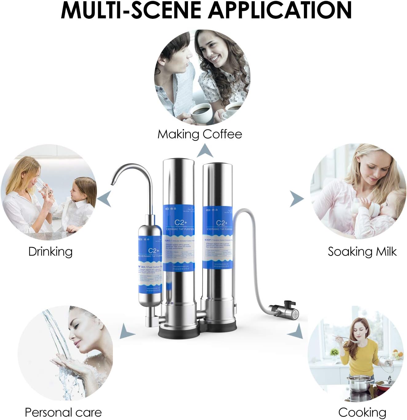 SimPure 3 Stage Dual Countertop Water Filter with Carbon Block and Ceramic Cartridge, Water Purifier Filtration System Removes 99.99% Harmful Contaminants for Healthier Water, 304 Stainless Steel: Home & Kitchen