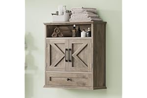 Bathroom Wall Cabinet, Wall Mounted Medicine Cabinet with Drawer, Barn Door & Adjustable Shelf, 24.4"H x 23.6"W x 9"D Grey Ov