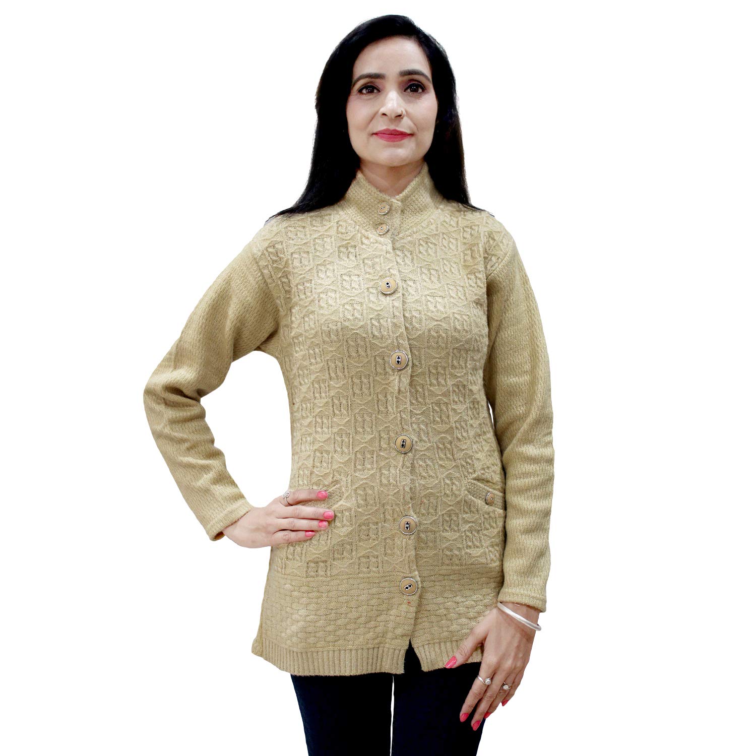 matelco women's woollen hi-neck buttoned cardigan with pockets