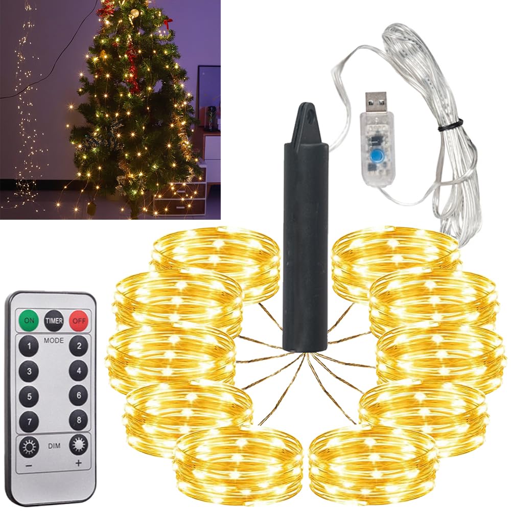 HeaHap Fairy String Light 10 Piece 2Meter Copper Wire USB Port String Lights, 200 LED Beads Waterproof for DIY Various Scene Atmospheres Party& Decoration for Christmas Tree