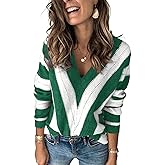FEKOAFE Womens 2026 Deep V Neck Sweaters Striped Long Sleeve Knit Pullover Sweaters for Women
