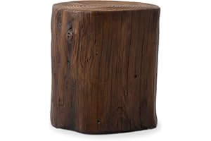 COSIEST Outdoor End Table Black Walnut Colored Faux Wood, Hand-Painted Wood Stump Stool, Ottoman or Plant Stand, Deck or Garden