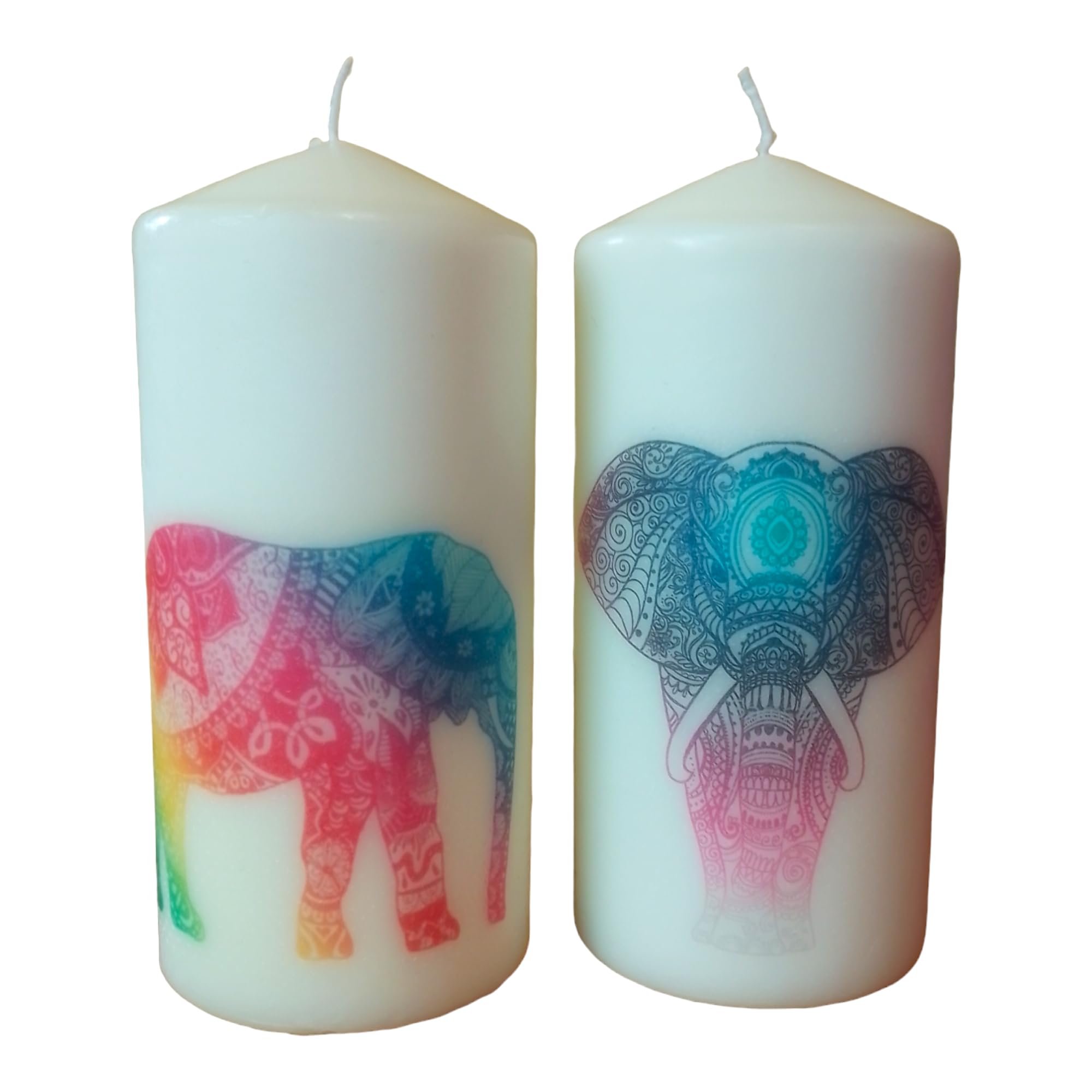 Pillar unscented Wax Candle Set of Two Mandala Elephant Yoga Chakra Decoration Hand Decorated Relax Meditation Home Decor