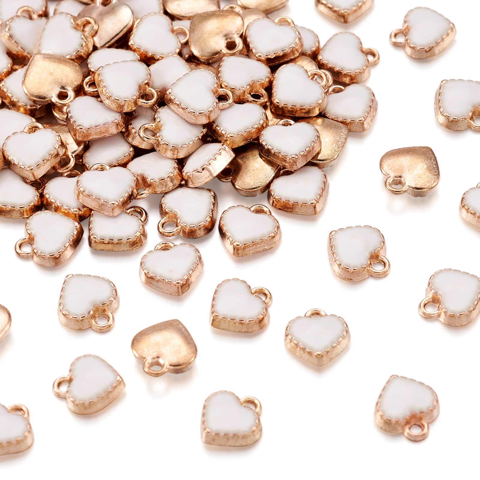 Cheriswelry 100pcs Alloy Mini White Heart Enamel Charms Golden Plated Metal Dangle Pendants for Jewelry Making Bracelets Necklace Earrings Valentines Gifts Accessories
