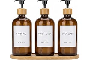 Shampoo and Conditioner Dispenser Set - 3 Pack 21oz/600ml Refillable PET Shower Bottles with Bamboo Plastic Pump, Bamboo Tray