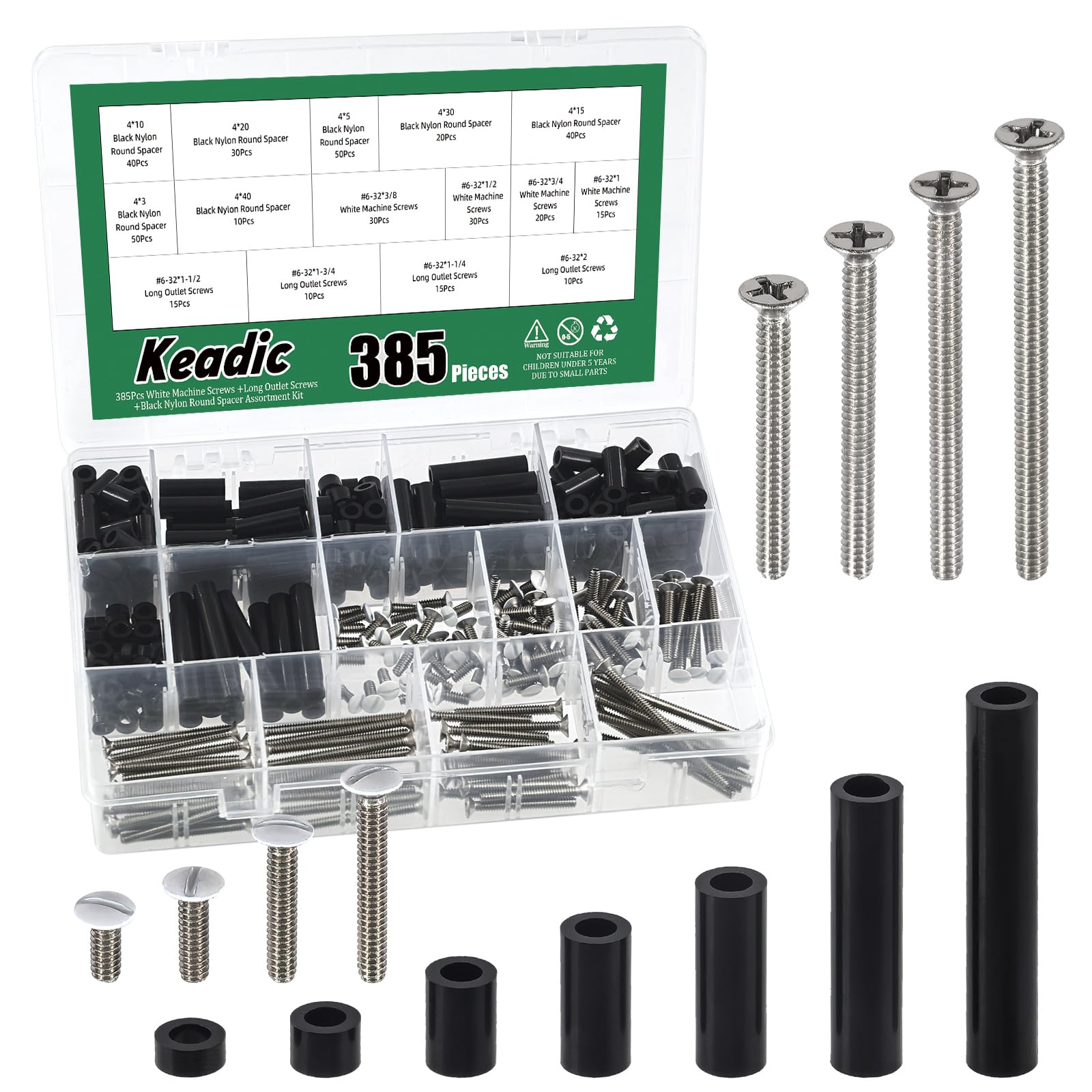 Keadic 385Pcs Electrical Outlet Screws Spacers Extender Assortment Set Contains Black Nylon Round Spacer and 6-32 Wall Plate, Long Outlet Screws for Switch and Receptacle