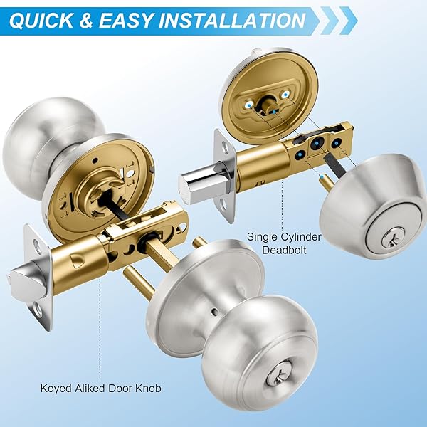 PLUSTOOL 4 PACK EXTERIOR DOOR LOCK SET, SATIN NICKEL DOOR KNOB AND DEADBOLT COMBO SET, KEYED ALIKE ENTRY DOOR KNOBS WITH LOCK&KEYS, ROUND BALL DOOR LOCKSETS WITH DEADBOLT FOR ENTRANCE AND FRONT DOOR