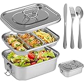 NIMBLOOM Stainless Steel Bento Box with Utensils, Large Tiered Lunch Container, Reusable Leakproof 3 Compartments Metal Food Container Portable Handle for Office, Picnic, Gym