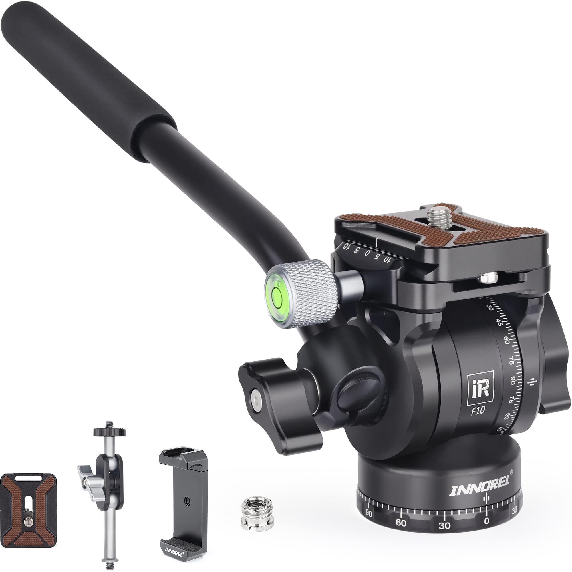 INNOREL F10 Tripod Liquid Head Tilting Metal Camera Video Tripod Head with 2 Arca Swiss Quick Release Plates, Handle, Magic Arm and Phone Clip, Holds up to 4kg