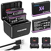 POEOSAS 360 x4 Battery 3-Slot Charger for Insta360 X4 (Not for x4 air) | 2pack 2500mAh capacity, Type-C fast charger, built-in Micro SD card slots, Only for Insta360 X4, (Not compatible with X4 Air)