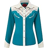 DIFICIL SLOG Women's Embroidered Western Cowgirl Snap Button Down Shirt with Stretch Long Sleeve Loose Blouse