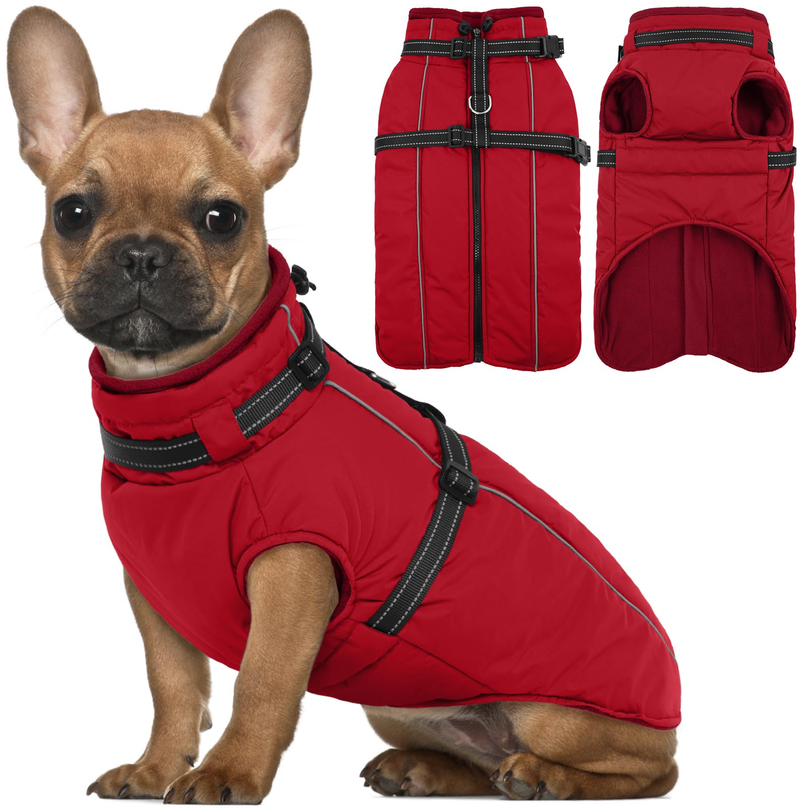 Lelepet Medium Dog Coat With Harness - Warm Waterproof Fleece Jacket, Winter Reflective Vest Snow Suit for Schnauzer, Pug - Red M