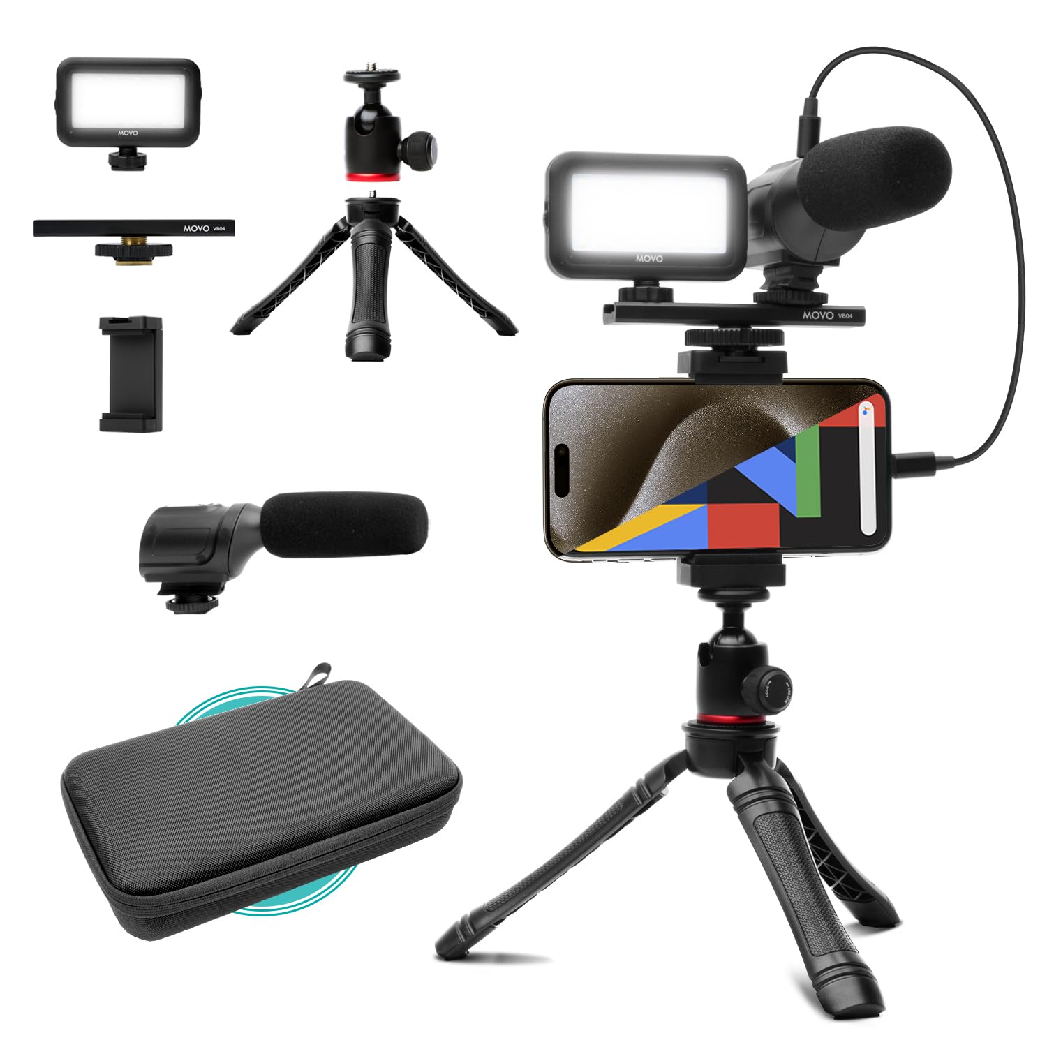Movo uVlogger- Android/USB-C/iPhone 15 Compatible Vlogging Kit: Phone Tripod, Phone Mount, LED Light, Shotgun Microphone - Youtube Starter and Content Creator Kit