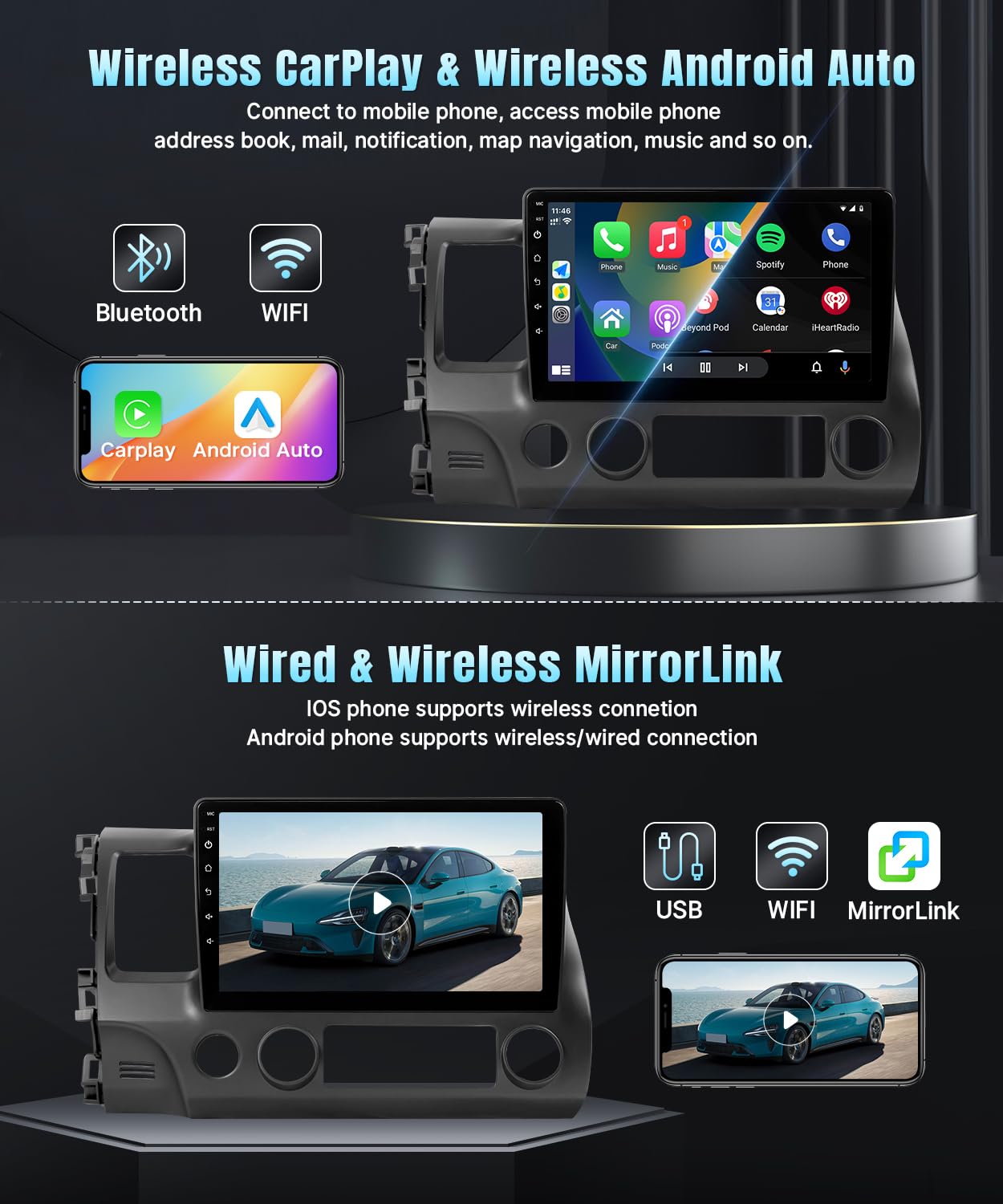 Naifay Android Car Radio for Honda Civic 2006 2007 2008 2009 2010 2011 with Wireless CarPlay Android Auto, 2+32G 10.1inch IPS Touch Screen Car Stereo Bluetooth FM GPS Navigation WiFi SWC Split Screen
