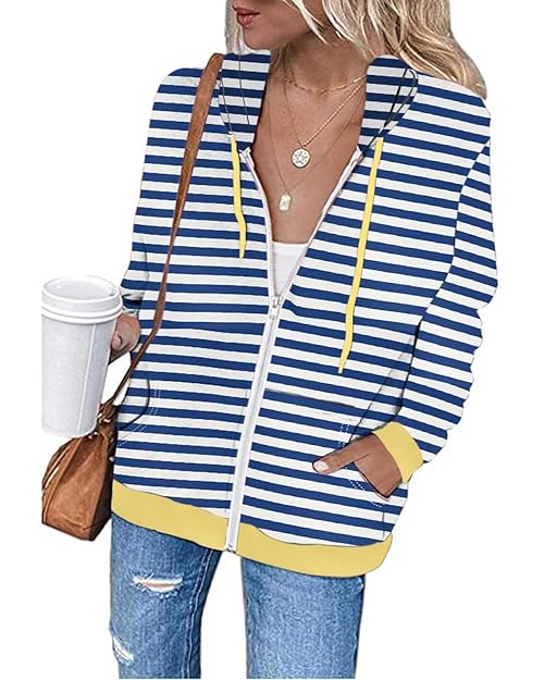 DINGJIUYAN Zip up Hoodie Women Striped Color Block Sweatshirt Two Sides Pockets Long Sleeve Casual Hooded Jacket Coat Blue XL