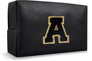 CHAOGREAT Personalized Initial A-Z Preppy Patch Makeup Bag,Small PU Chenille Letter Cosmetic Bag with Zipper for Teen Girls,Black Cute Toiletry Organizer Bag,Monogram Makeup Case Gift for Women Girls,Letter A
