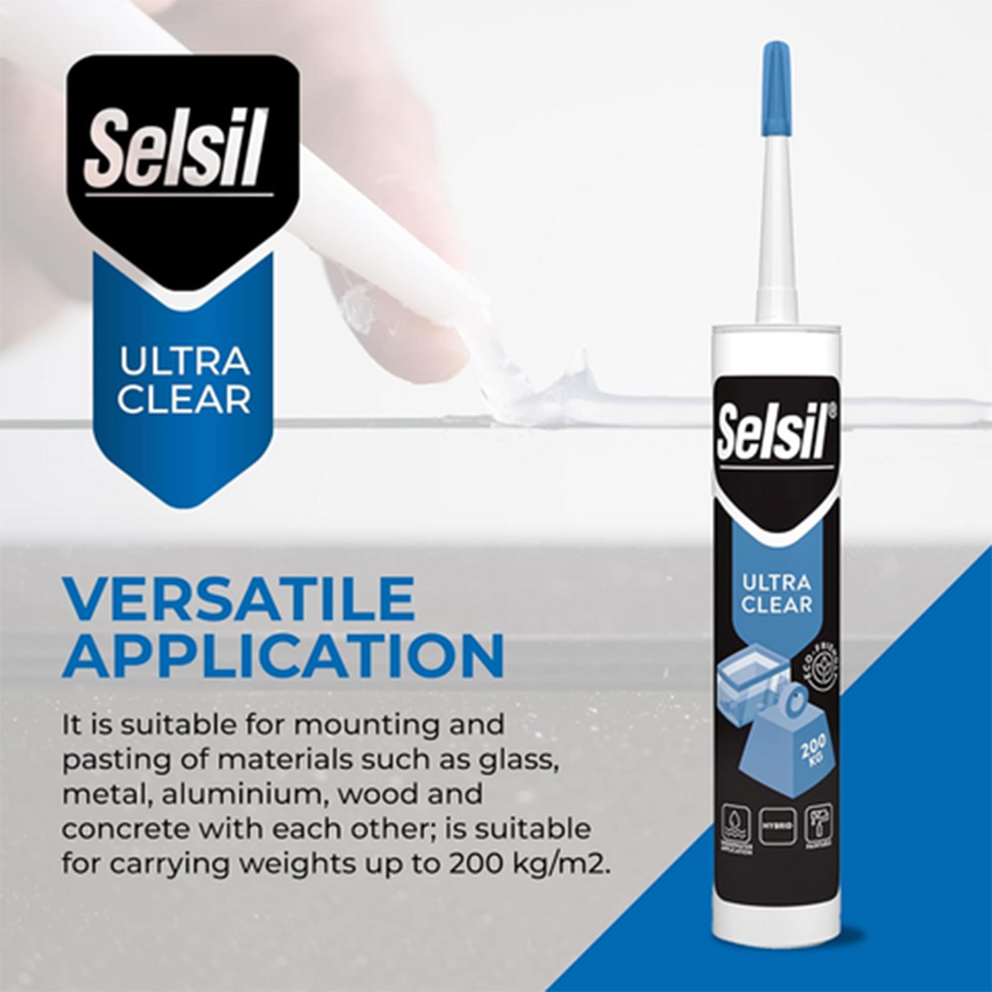 SELSIL Ultra Crystal Clear Mounting Adhesive & Sealant - Indoor & Outdoor Adhesive Tough & Flexible Construction Adhesive, 100% Transparent Bonding and Sealing Waterproof Adhesive (9.8 fl oz/290 mL)