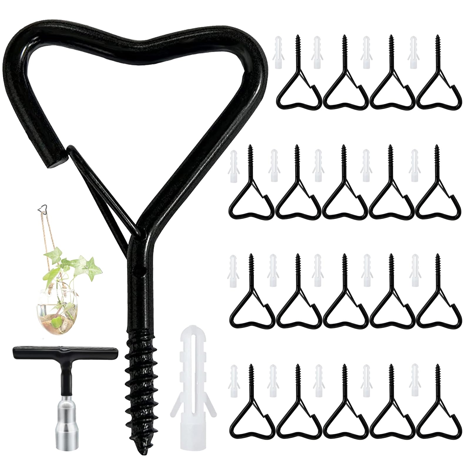 Ticway 20 Pack Q-Hanger Hooks, Screw Hooks for Outdoor String Lights Heart Love Eye Hook Heavy Duty Safety Buckle Windproof Hooks for Hanging Plants with Wing Nut Driver, Black