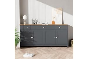 Merax Modern Sideboard Cabinet with 4 Doors & 3 Drawers, Country Style Gray Wood Grain Buffet Cabinet for Living Room/Dining 