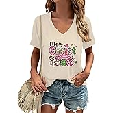 COMIZI Christmas Shirts for Women V Neck Merry Christmas Letter Print T-Shirt Xmas Tree Tee Tops