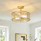 TinHon 12.8" Modern Gold Semi Flush Mount Ceiling Light Fixture, 2-Light Glass Drum Ceiling Light, Small Hammered Glass Ceili
