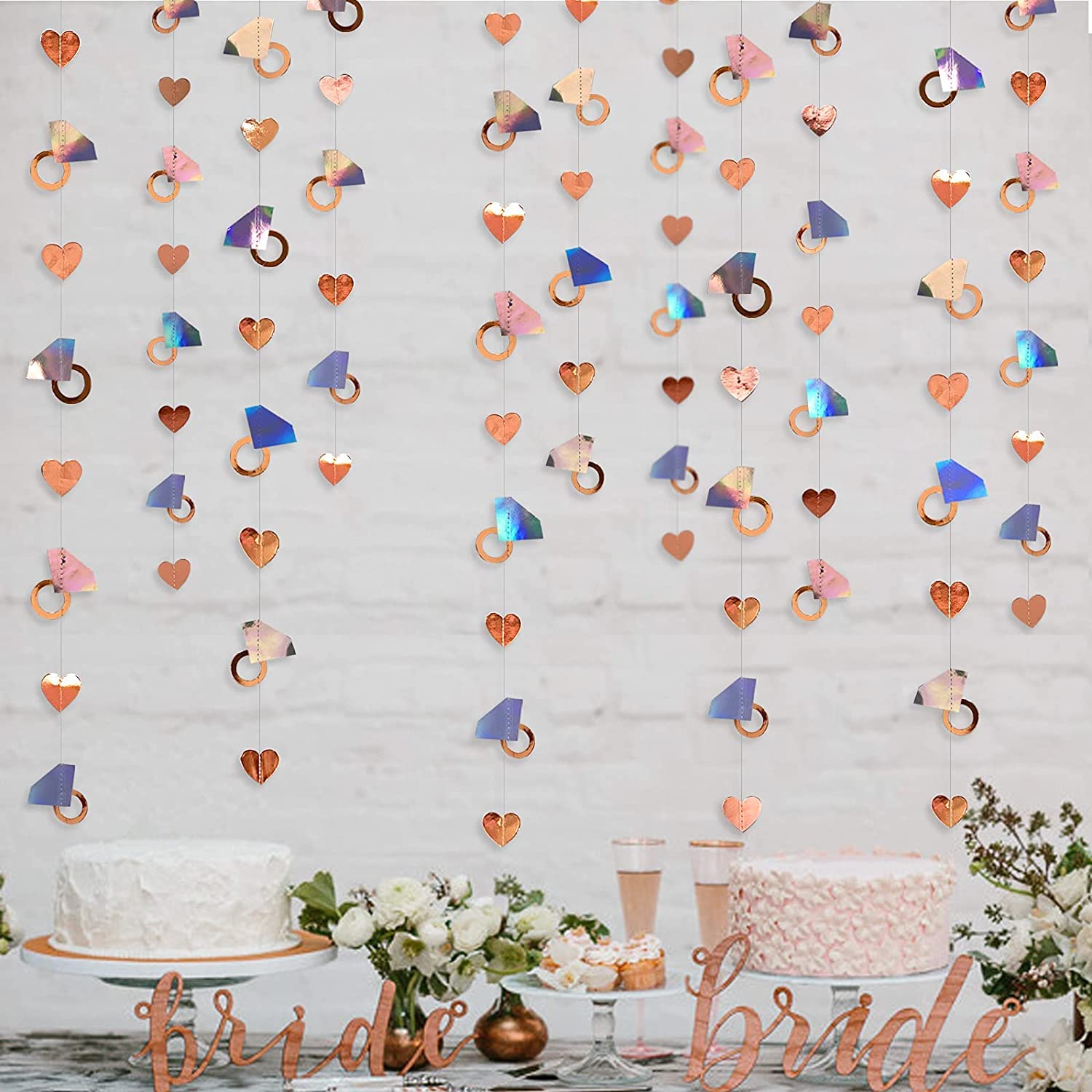 40 Ft Iridescent Rose Gold Hearts Diamond Ring Garland Party Decorations Holographic Paper Hanging Bunting Banner Streamer for Wedding Bridal Shower Engagement Bachelorette Anniversary Birthday Decor