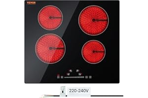 VEVOR LT4-77 Built in Electric Ceramic 23.2 x 20.5 inch Stove Top, 240V Glass Radiant Cooktop with Touch Control, Timer & Child Lock, 9 Power Levels for Simmer Steam Slow Cook Fry, 24IN 4-Burners