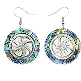 Swimmi Paua Abalone Shell Earrings, Hand Carved Flower Mother of Pearl Earrings, Dangle Drop Round Abalone Shell Earrings for Women Jewelry CA138