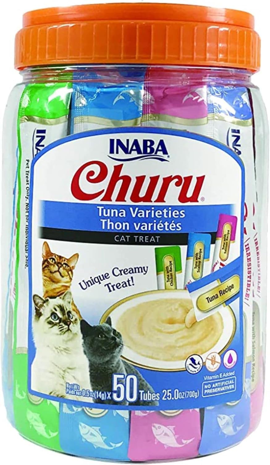 Churu by INABA Cat Treat - Variety Bucket 700g (50 x 14g) / Tuna Flavour, Soft & Creamy Cat Treat, Delicious & Healthy Snack 6 Calories Per Stick, Hand Feeding, Natural, Grain Free, High in Moisture