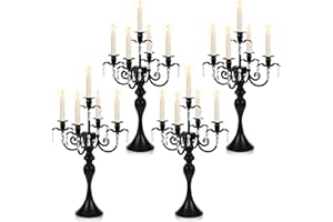 KOLNLALA 20''Tall Crystal Pendant Taper Candle Holders/Stylish Candle Stands/Candlesticks Holder/Candelabra for Home Decor, Weddings/Parties/Elegant Dining Table Centerpiece (4, Black, 5 Arm)