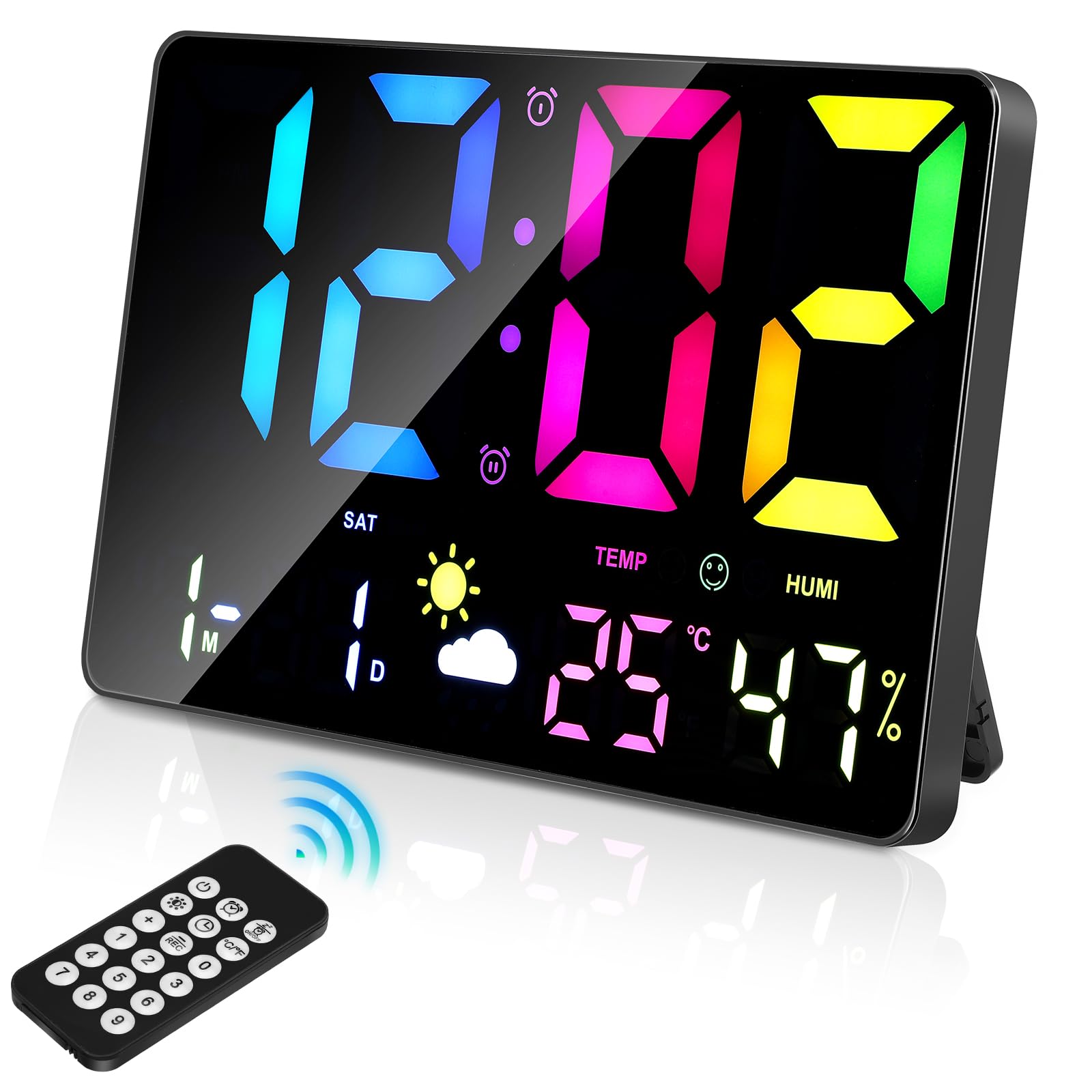 Xakay 12" LED Digital Wall Clock with Remote Control, Temperature, Humidity, 12/24H, 0-100% Dimmer, Desktop Alarm Clock for Home Office