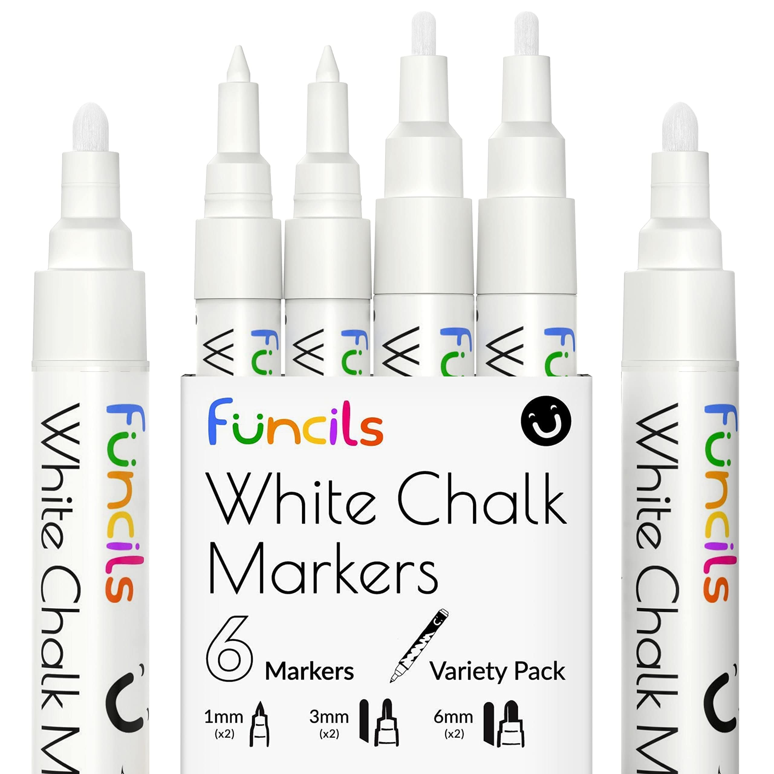 Funcils White Chalk Pens for Blackboards, Window, Glass, Board, Car & Chalkboard Pens - Variety Pack of 6 - (2x) 1mm Extra Fine, 3mm Fine & 6mm Bold Tip - Wipeable White Dry Erase Liquid Chalk Markers