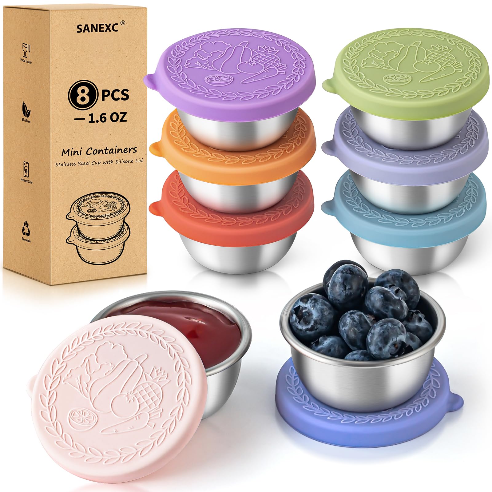 Photo 1 of SANEXC 8 Pack - 1.6 Oz Small Salad Dressing Containers To Go, Leakproof Condiment Containers with Lids Reusable Stainless Steel Sauce Cups for Lunch Boxes Kitchen Storage Picnics Travel Meal Prep