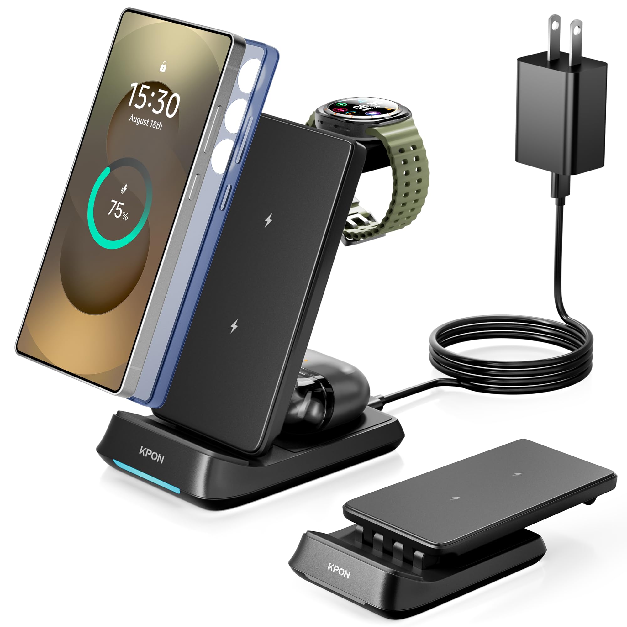 KPON 3 in 1 Charging Station for Samsung, Wireless Charger for Thick Cases, Foldable Phone and Watch Charger Stand for Galaxy S26/S25/S25 Ultra/S24/Z Fold/Android Devices, Galaxy Watch and Earbuds