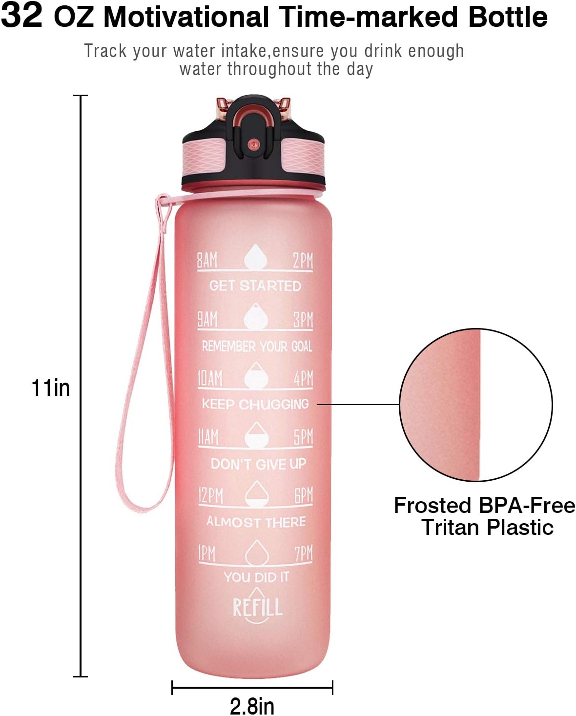Giotto 32oz Large Leakproof BPA Free Drinking Water Bottle with Time Marker & Straw to Ensure You Drink Enough Water Throughout The Day for Fitness and Outdoor Enthusiasts-Light Pink : Sports & Outdoors