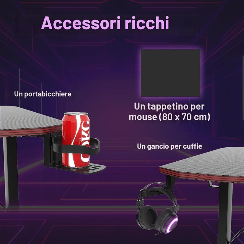 180 * 60 Scrivania Gaming, Tavolo da Gaming, Scrivania per Computer, Postazione Gamer con Piano del Tavolo in Fibra di Carbonio Adatto Sia per i Giocatori Che per l'uso in Ufficio — foto 4 di 7