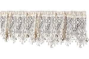 Lace Valance, Beige White Crochet Rustic Boho Hollow Lace Valances for Window, with Tassel Half Blackout Decorative Window Va