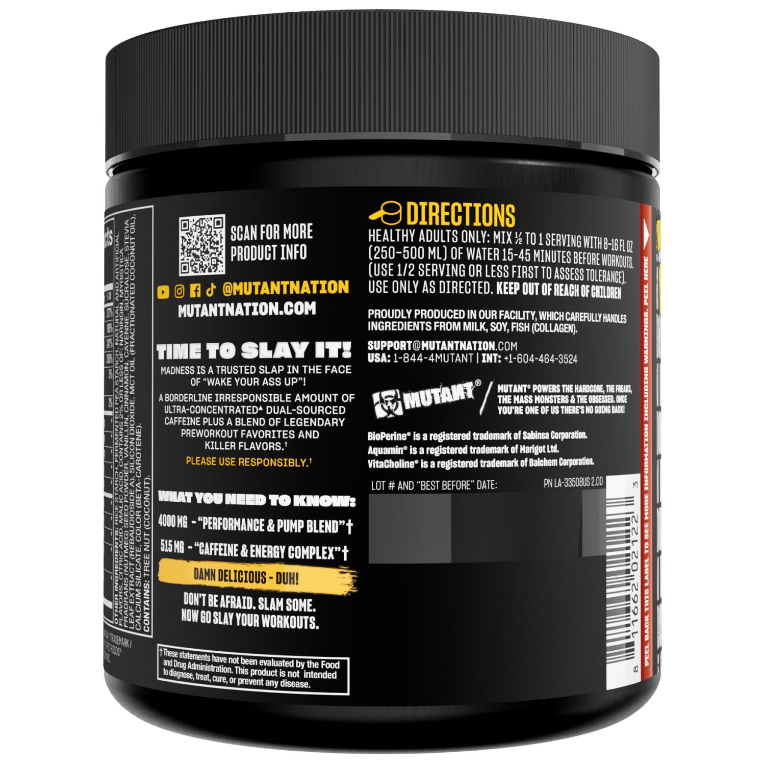 Mutant Madness | Pre Workout Powder Performance and Pump Blend Includes L-Citrulline, Beta-Alanine, Taurine, L-Tyrosine (Lemonade)