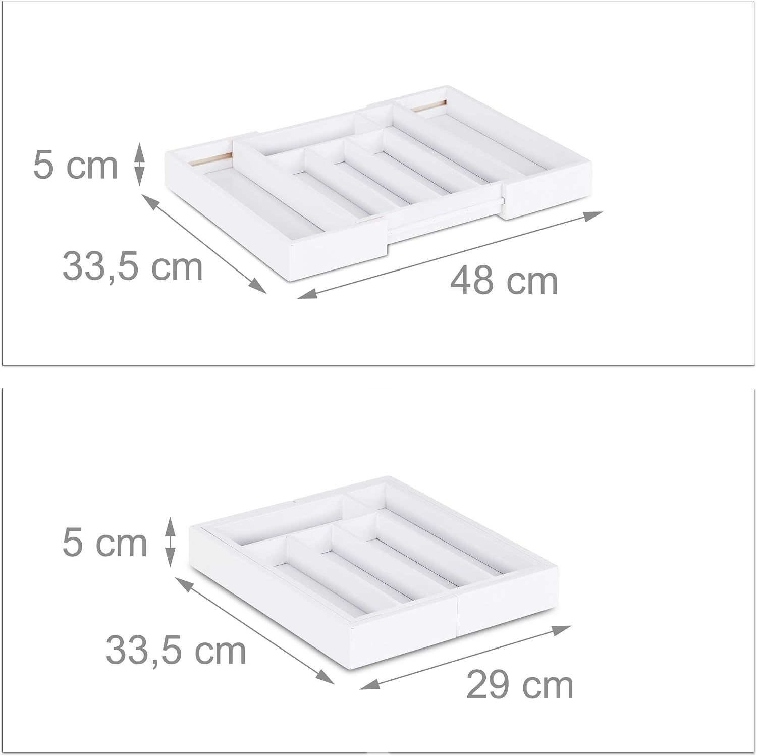 Relaxdays Cutlery Drawer Tray, Extendable, Variable Width, 5 - 7 Compartments, Bamboo Organiser, HWD: 5x48x33.5cm, White - Image 5