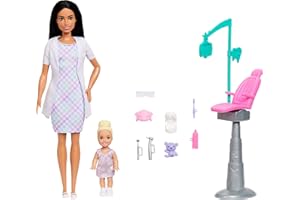 Barbie Careers Dentist Playset with Brunette Barbie Doll Wearing White Coat, Toddler Small Doll, Examination Chair & Accessor