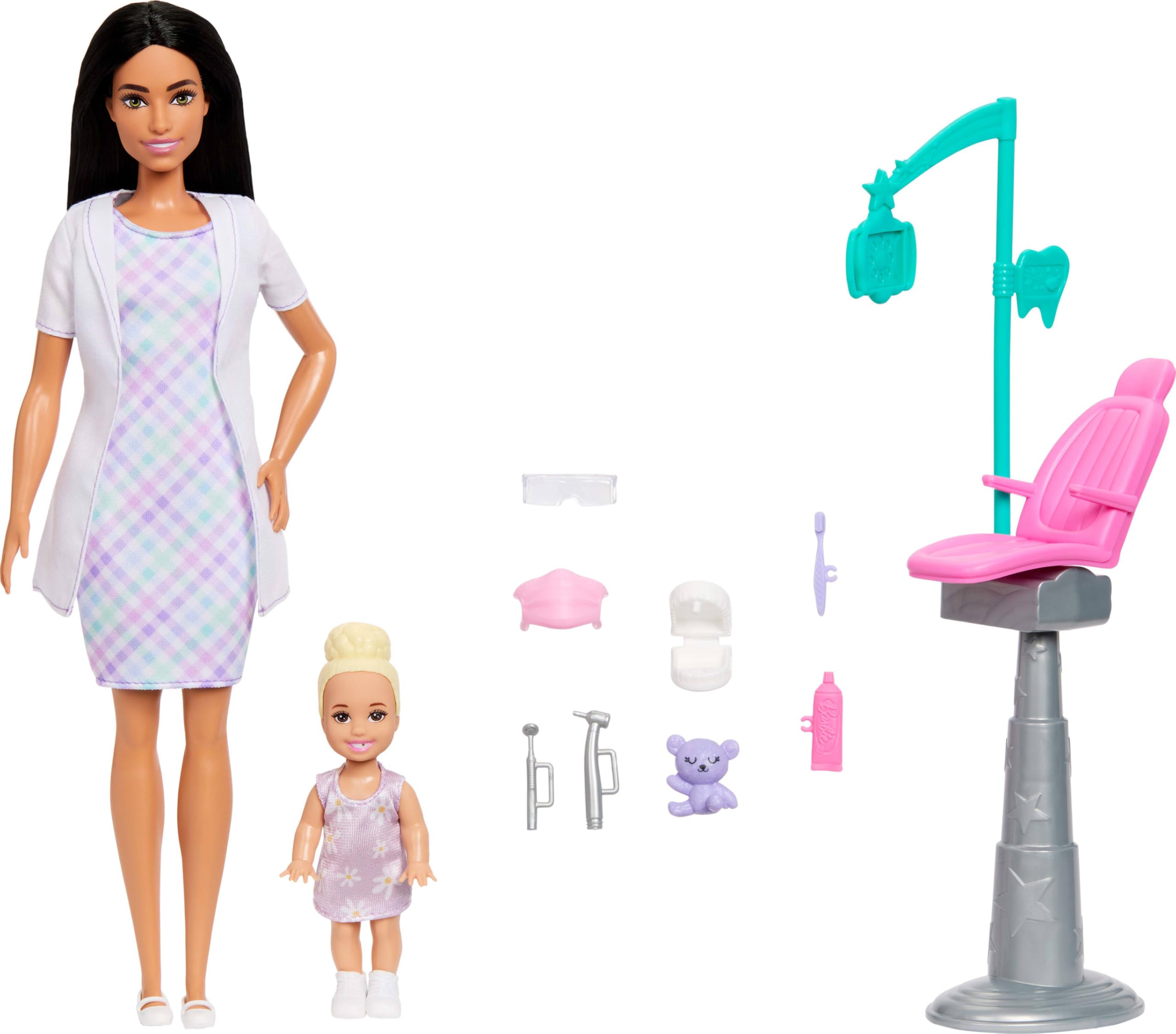 Barbie Careers Dentist Playset with Brunette Doll Wearing White Coat, Toddler Small Doll, Examination Chair & Accessories