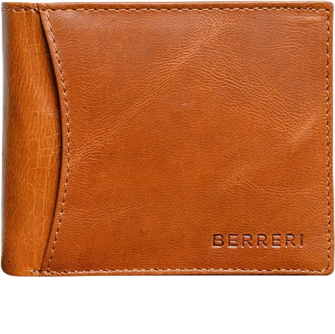 Berreri Mens Handmade Super Slim Leather Wallet Bifold RFID Blocking Purse Brown Tan with Elegant Gift Box Business Style (Tan)